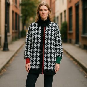 GENOA by BRENDA LIM Women’s Size M Black/White Houndstooth Button Front Sweater